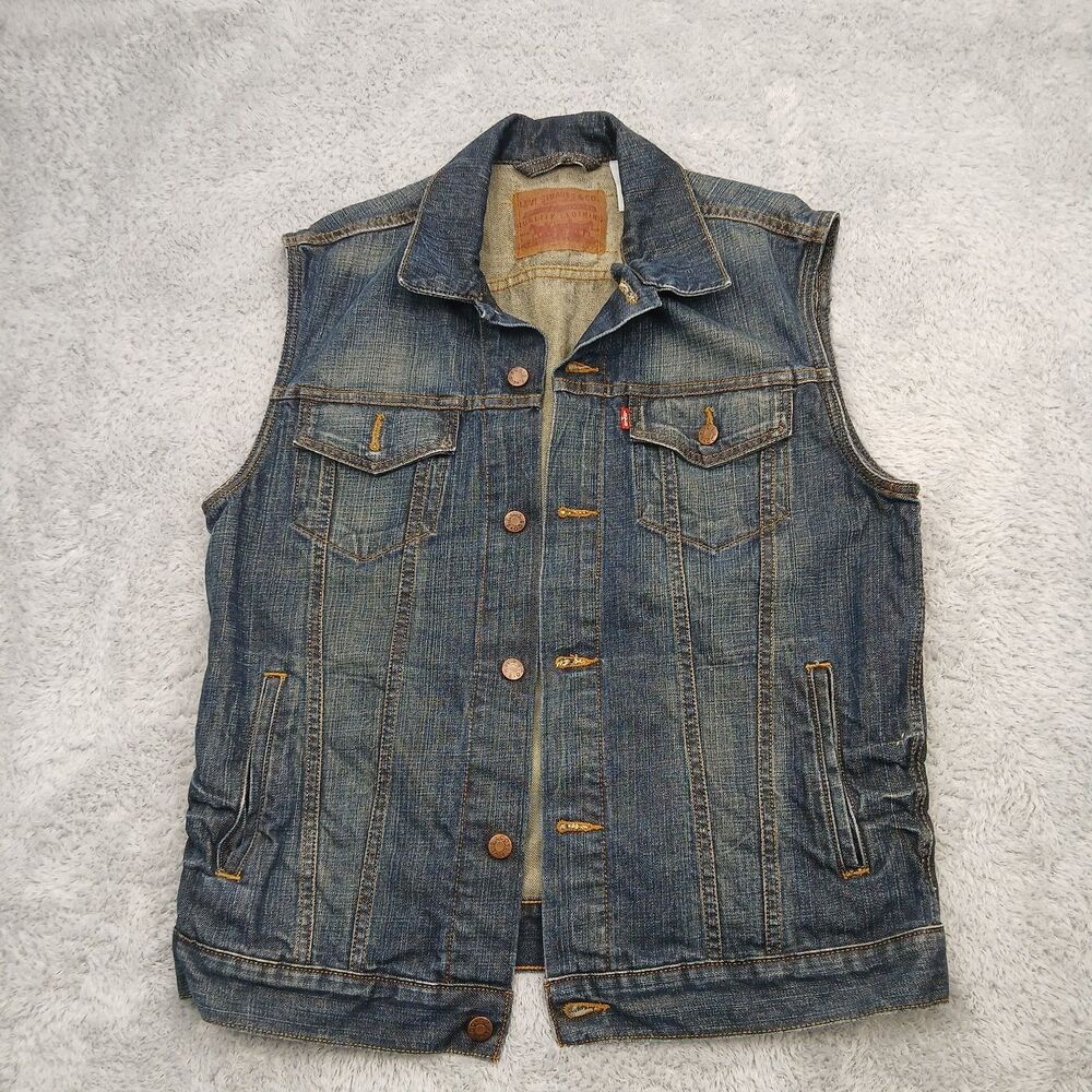Levi's Men's Size L Blue Denim Jean Vest Sleeveless Button Up Jacket Vintage